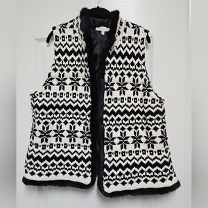Talbots Nordic Black &  White Faux Fur Trim Vest.